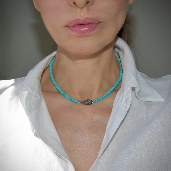 925 Silver Pave Diamond Heart & Turquoise Choker/Necklace - Picture 4 of 6